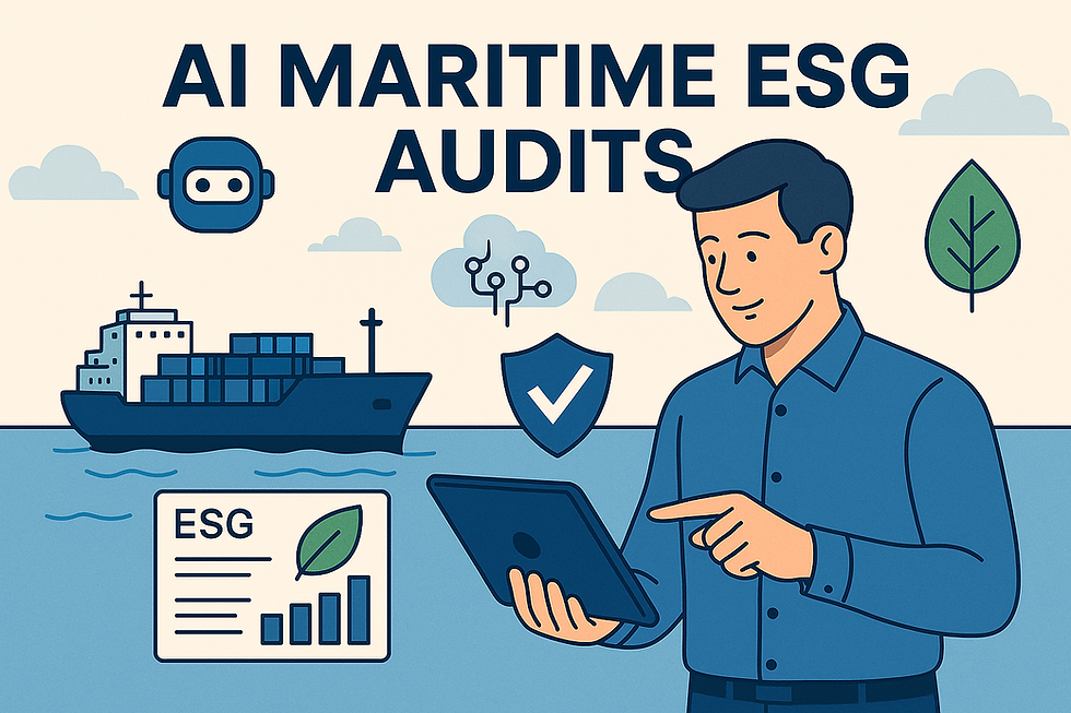 Illustration of AI maritime ESG audits showing a man using a tablet, cargo ship, ESG chart, and icons for compliance, sustainability, and automation.