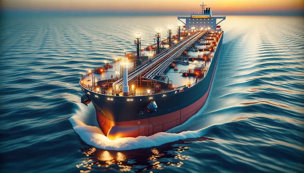 Illustration of Tanker Ships: The Guide, showcasing a modern tanker with multiple compartments, advanced pumping systems, and secure cargo pipelines, navigating calm seas with a sunset backdrop, emphasizing its role in global liquid transportation and energy supply.