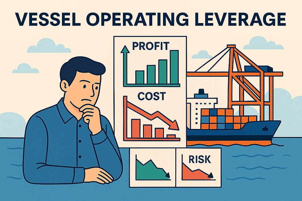 Flat-style illustration of vessel operating leverage showing profit, cost, and risk charts with a cargo vessel and port in the background