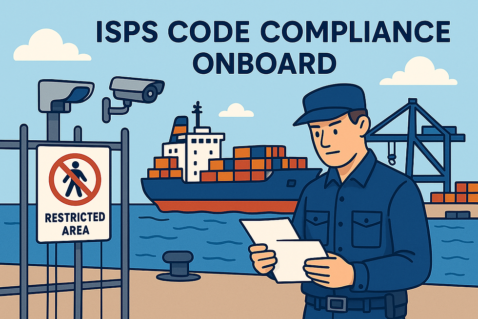 Cartoon-style image showing ISPS Code compliance onboard with a security officer, cargo ship, CCTV, and restricted area sign at port.