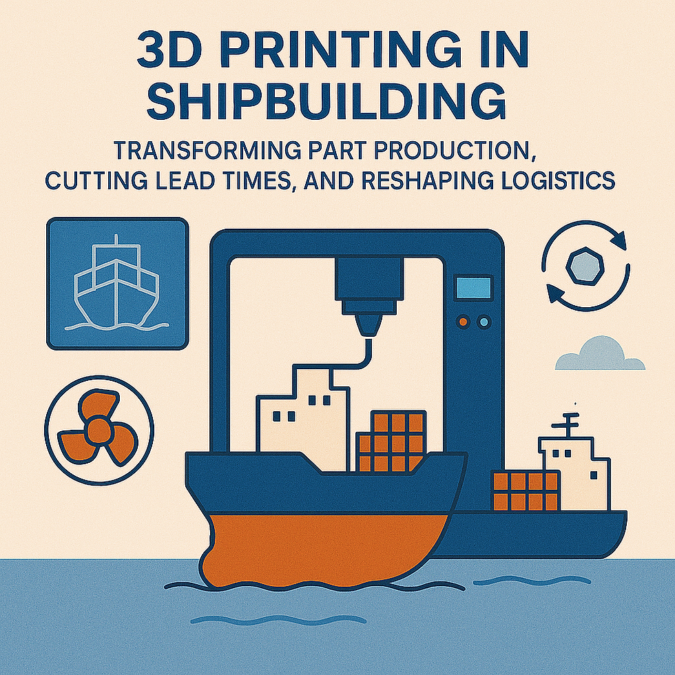 Illustration of 3D printing in shipbuilding with a printer producing a cargo ship, highlighting faster part production and logistics efficiency.
