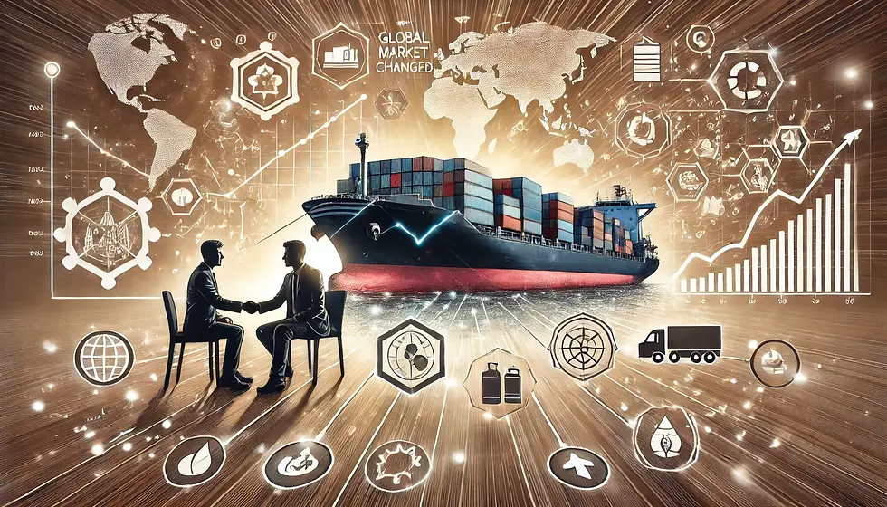 Illustration showcasing how the market changed for ship sellers, featuring a cargo ship surrounded by icons for global trends, environmental regulations, and technological advancements. The image includes a digital market graph, modern navigation systems, and eco-friendly fuel symbols. A seller negotiating with a buyer highlights the evolving dynamics in the shipping market and strategies for adapting to buyer demands.