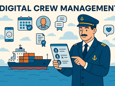 Illustration of digital crew management showing a captain reviewing crew profiles on a tablet with icons for scheduling, training, and communication.