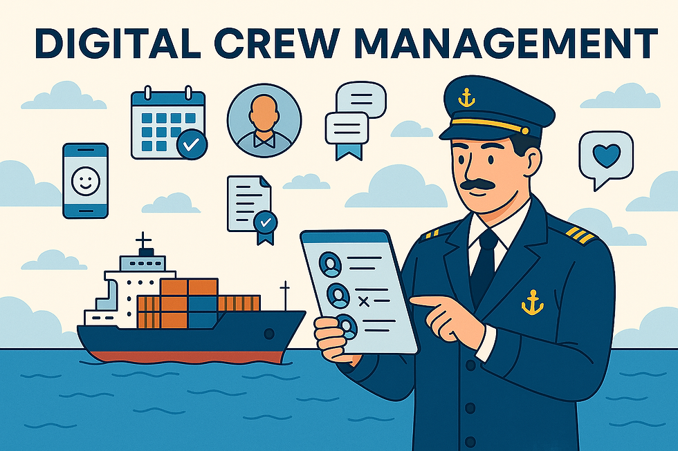 Illustration of digital crew management showing a captain reviewing crew profiles on a tablet with icons for scheduling, training, and communication.