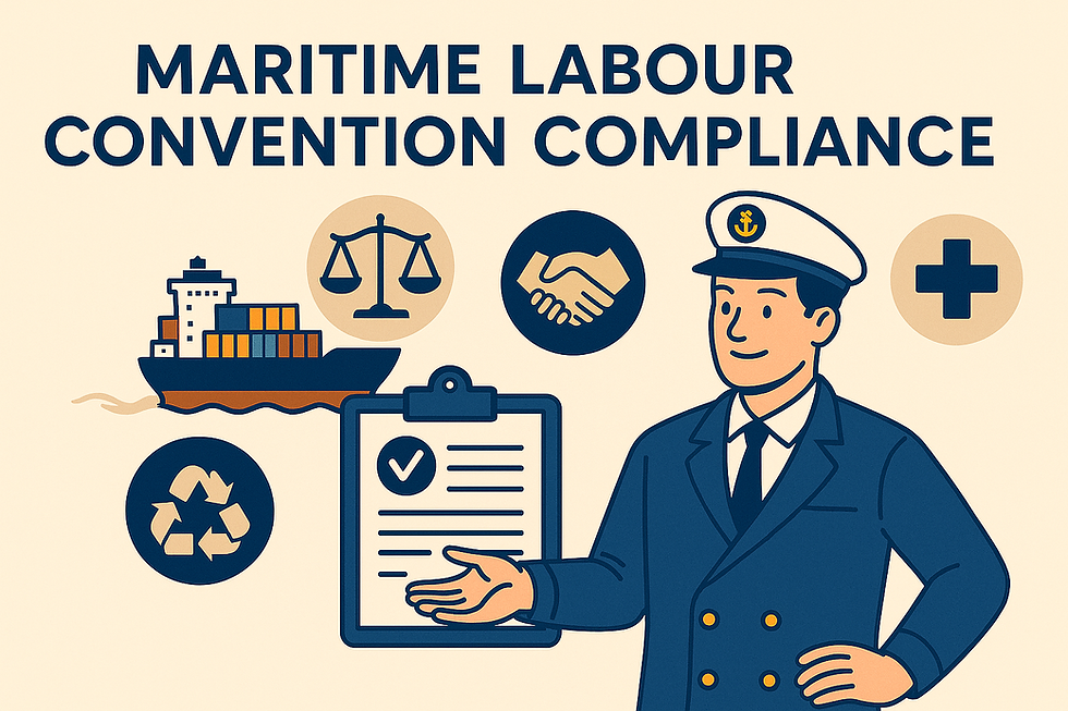 Illustration of a maritime officer, cargo ship, and checklist icons representing maritime labour convention compliance and crew welfare standards.