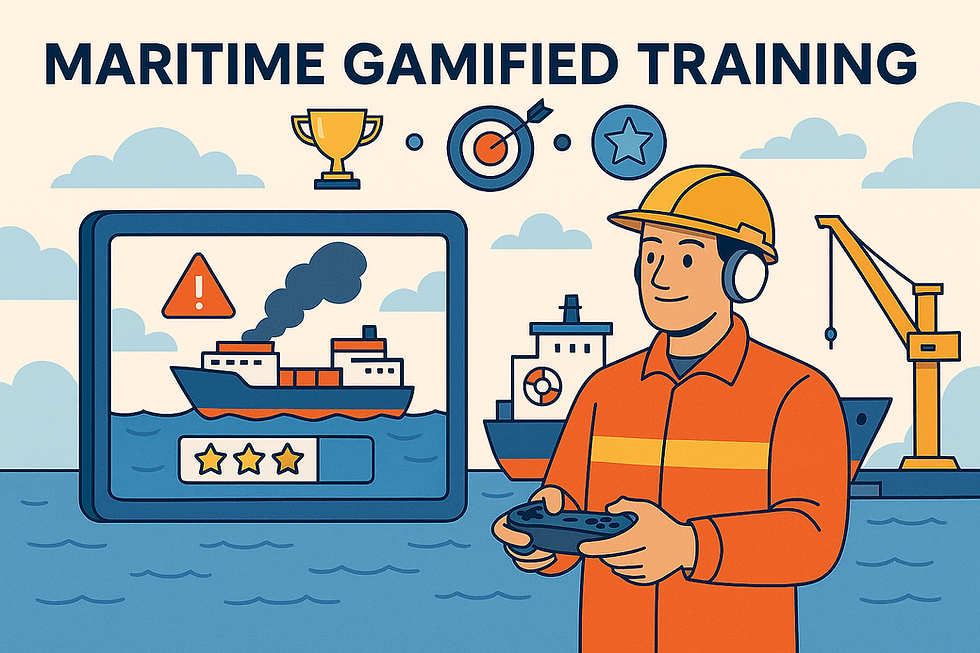 Illustration of maritime gamified training with a seafarer using a tablet for safety simulation, ship icons, rewards, and dockside background.