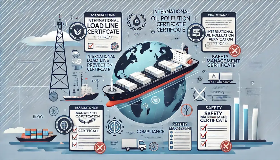 Infographic showcasing mandatory Certificates for Vessels, featuring a cargo ship and key certificates like the International Load Line Certificate, International Oil Pollution Prevention Certificate, and Safety Management Certificate, emphasizing global compliance and maritime safety.