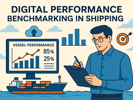 Illustration of vessel performance benchmarking with a man analyzing ship data, bar charts, and a cargo vessel in a maritime setting.