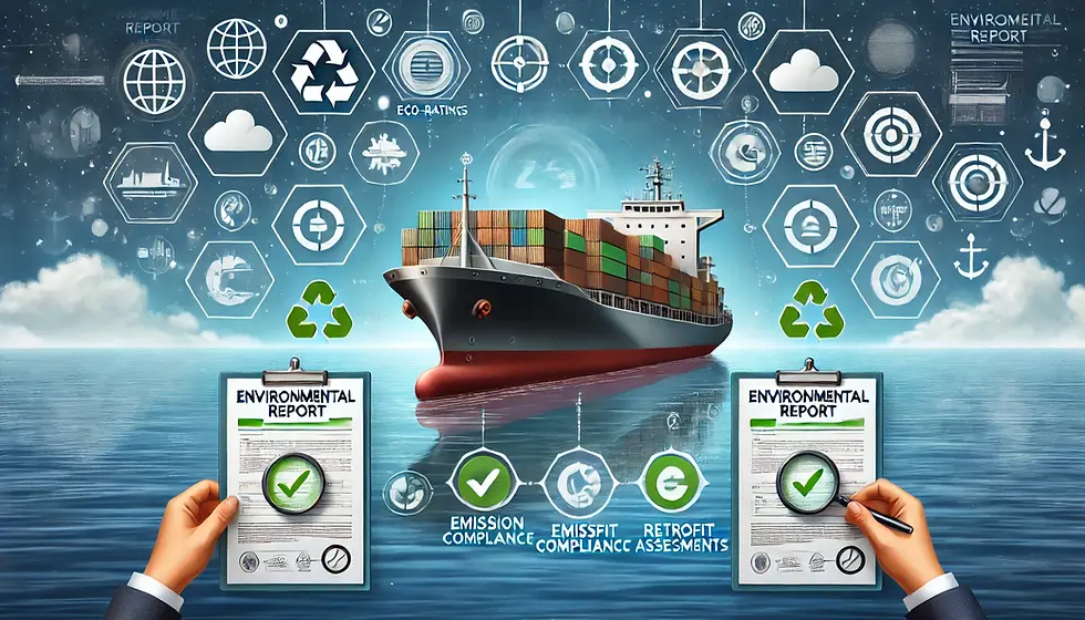Illustration showcasing an environmental report for ship purchase, featuring a cargo ship with icons for eco-ratings, emission compliance, and retrofit assessments. Surrounding elements include inspection tools, sustainability symbols, and certification documents. The maritime-themed backdrop with clean waters emphasizes the importance of compliance and eco-ratings in the ship buying process.