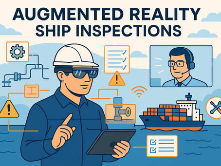 Illustration of augmented reality ship inspections with inspector using AR glasses, tablet, and remote expert guidance near a cargo vessel at sea.