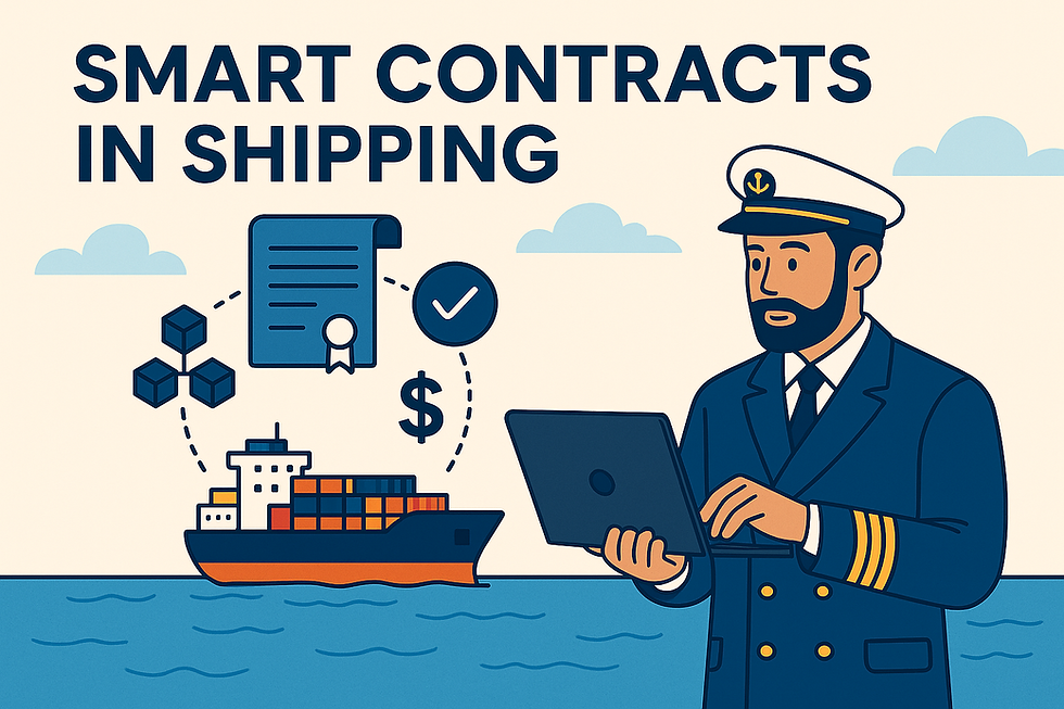 Illustration of smart contracts in shipping showing a captain using a laptop with icons for blockchain, documents, and payments near a cargo ship.