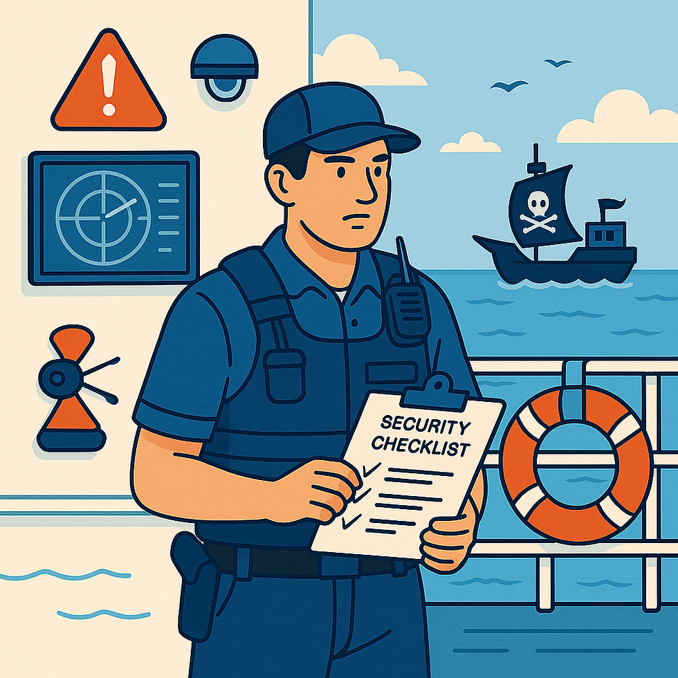 Illustration of a ship security officer on a vessel deck holding a checklist, highlighting ship security officer responsibilities at sea.