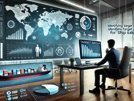 Digital illustration of a ship broker analyzing segmented market data and maps on a computer to identify the target group for ship sales. The image features charts, ship profiles, and a world map highlighting key regions like Asia and Europe, symbolizing geographical segmentation and market strategies. The maritime-themed setting emphasizes the connection to the shipping industry and the broker's expertise in optimizing ship sales processes.