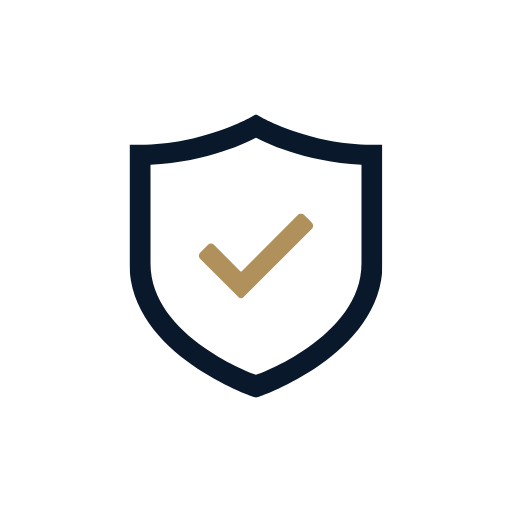 Ícone de escudo azul com um sinal de visto dourado