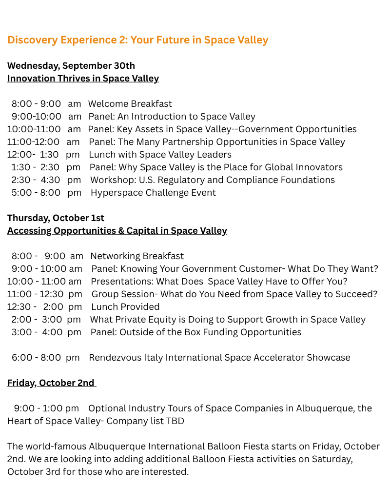 Discovery Experience 1 Our Future in Space Valley For stakeholders located in Space Valley