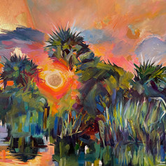 Coastal landscapes, South Georgia landscapes, Bell's Landing, Savannah, lush scenery, dramatic sunset painting, original available, prints, brilliant colors