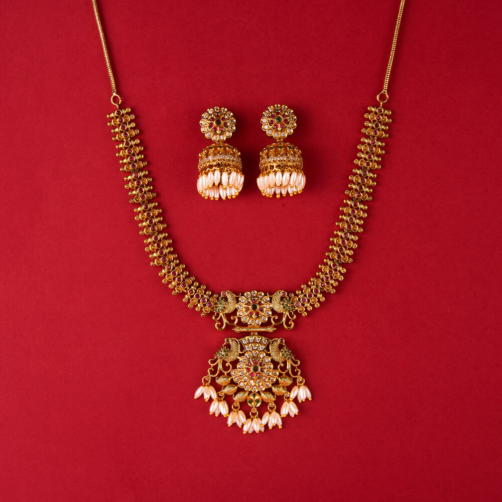 Antique South Indian Necklace Set With Matte Gold Plating