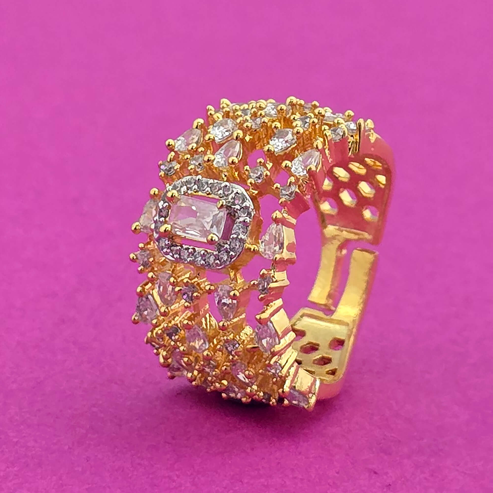 Cubic Zirconia Adjustable Ring With Rhodium 2 Tone Plating