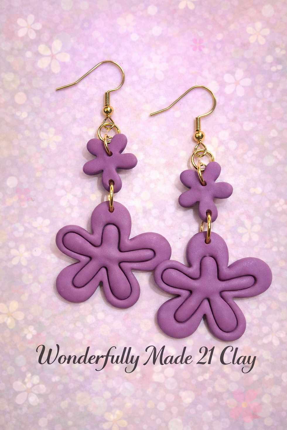 Thumbnail: Handmade purple clay flower earrings by Wonderfully Made 21 Clay
