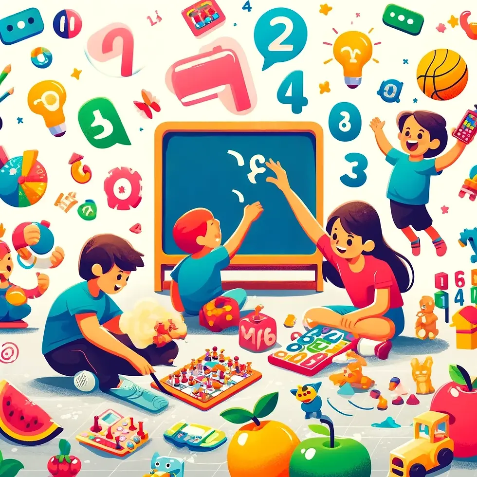 Enfants utilisant fruits et jouets pour apprendre les mathématiques de base, entourés de nombres colorés, illustrant une approche ludique et quotidienne de l'apprentissage.
