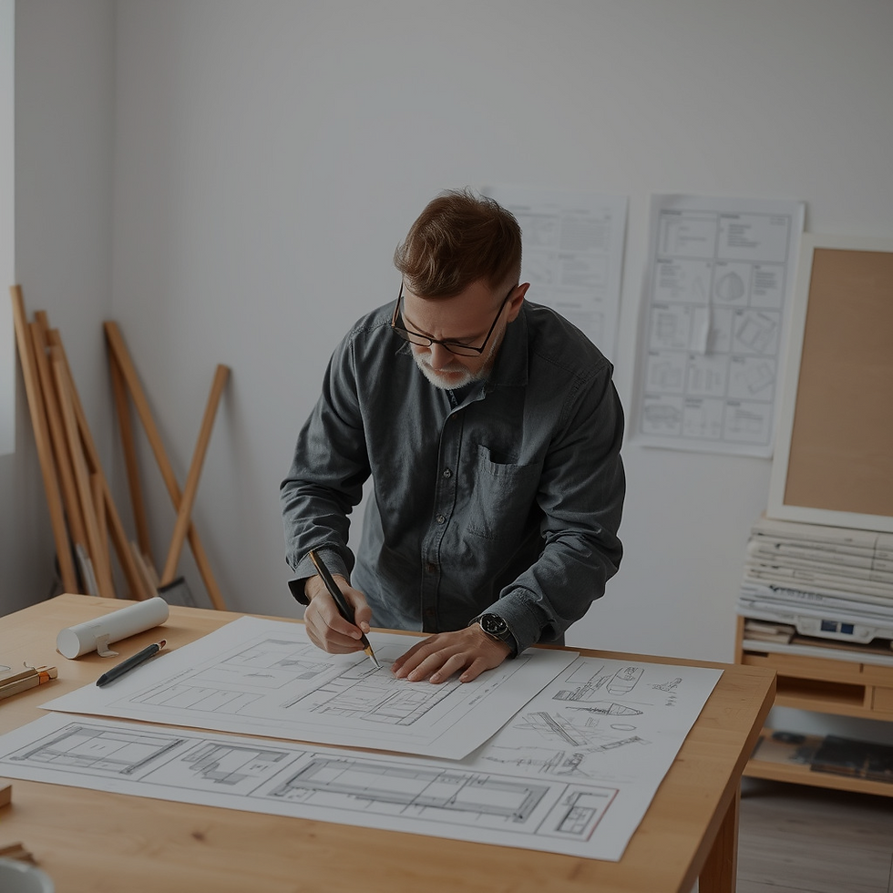 An architect working on drawing on table .