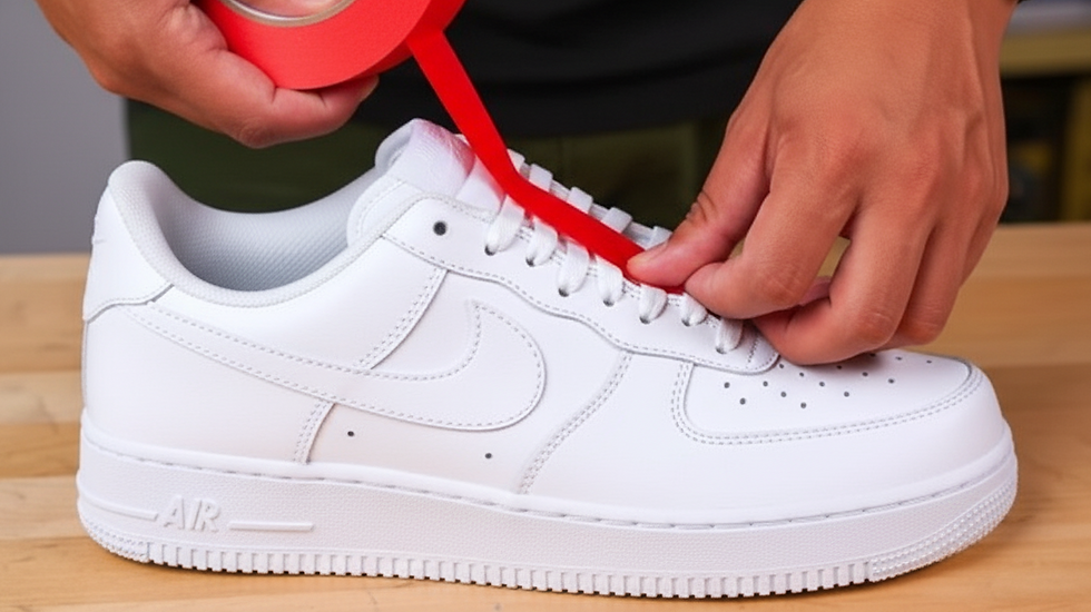 Vue en plongée d'une table de travail avec des pinceaux, peintures acryliques et une paire de sneakers blanches prêtes à être customisées