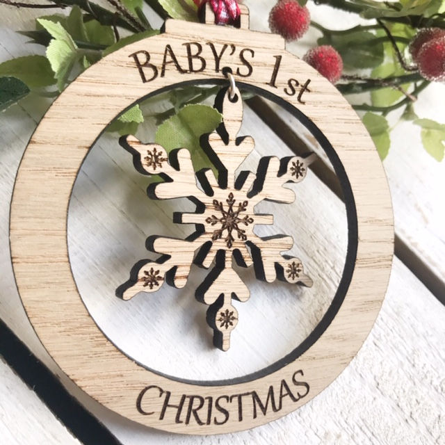 Baby's 1st Christmas decoration tree ornament personalised Oak
