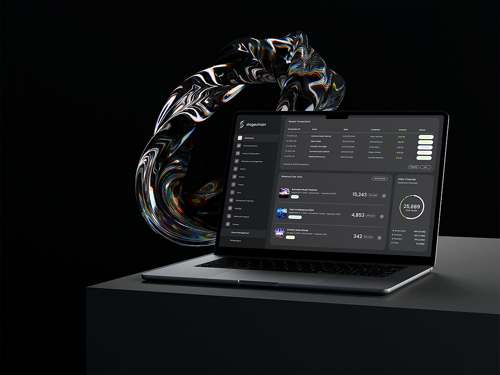 StageChain Back Office main dashboard providing an overview of event activity, ticket sales, and real-time analytics for orga