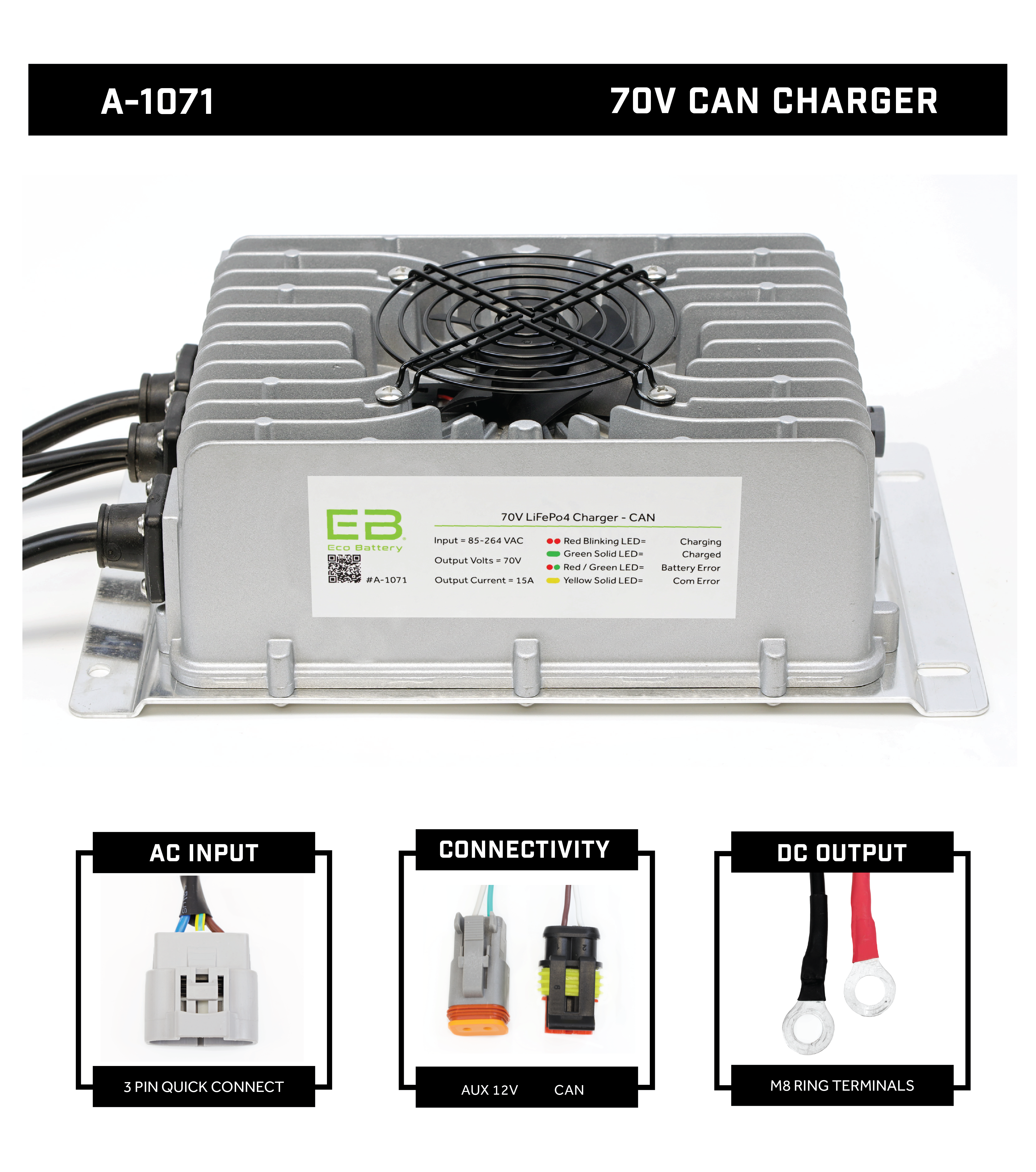 70V 15 Amp CAN Charger (Locking Quick Connect) for Eco Battery Lithium Batteries