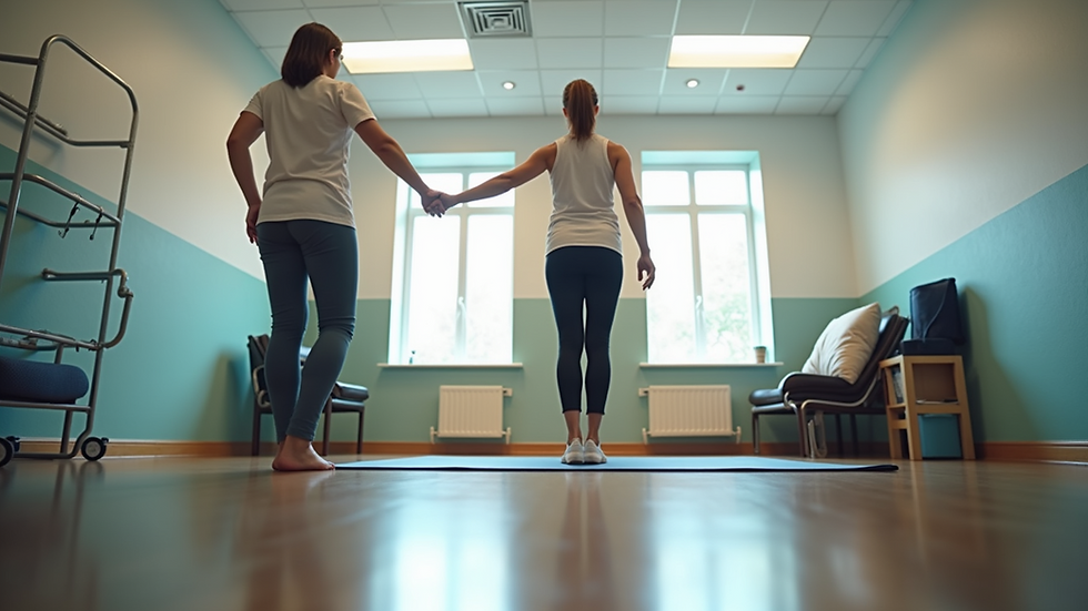 Eye-level view of a physical therapist guiding a patient through balance exercises
