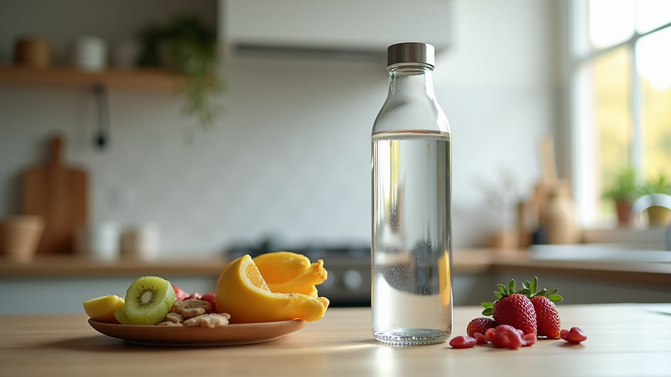 Close-up view of a water bottle and healthy snacks on a kitchen counter