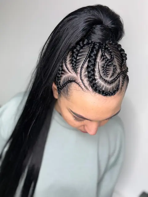 Žena s černými vlasy a účesem s copánky, detailní pohled.