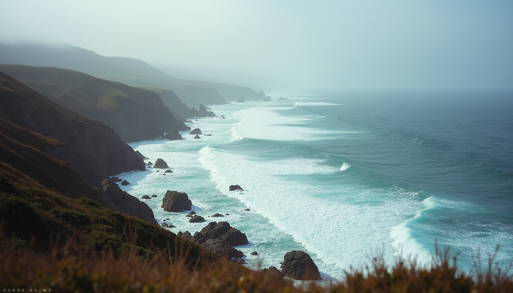 Eye-level view of the rugged coastline with waves crashing against rocky cliffs near Fort Bragg