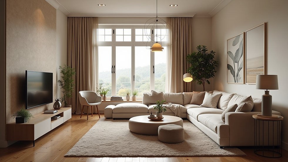 Wide angle view of a cozy living room in a rental home