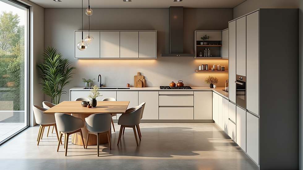 High angle view of a modern furnished kitchen with appliances and dining table