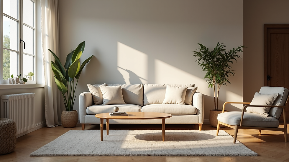 Eye-level view of a cozy furnished living room with a sofa and coffee table
