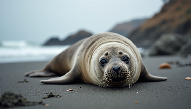 Close-up view of a harbor seal resting on rocks at MacKerricher State Park beach