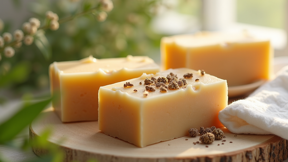 Close-up view of natural soap bars with botanical ingredients