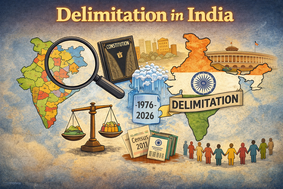 Map of India with a magnifying glass, Constitution book, scales, Census 2011, figures holding hands. Text reads "Delimitation in India" and "1976-2026".