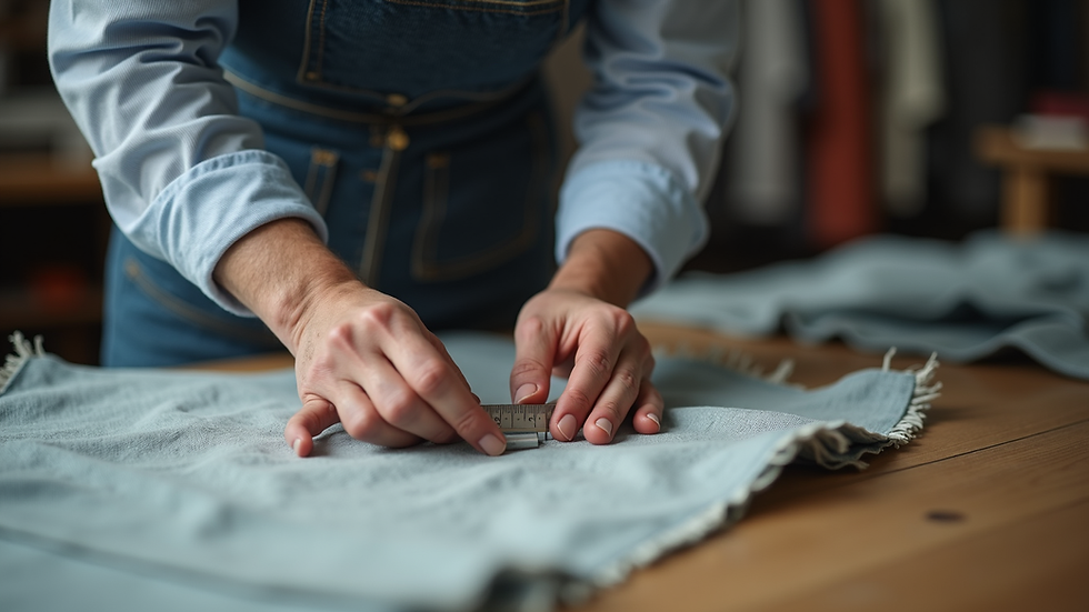 Eye-level view of a tailor measuring fabric for custom clothing