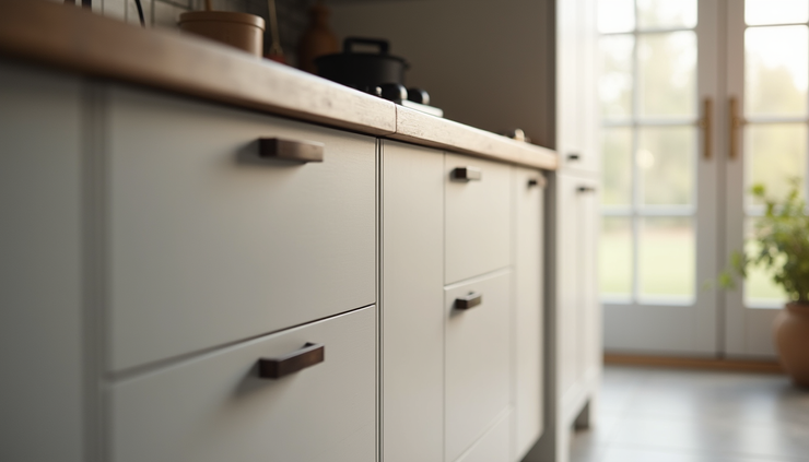 Close-up view of modern flat-panel kitchen cabinets with matte finish and integrated handles