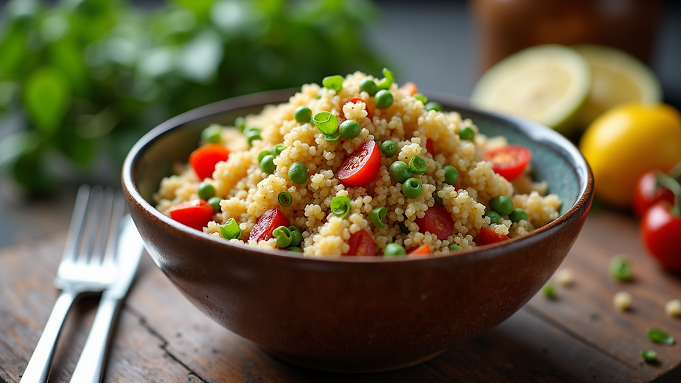 Eye-level view of a colorful quinoa salad in a bowl