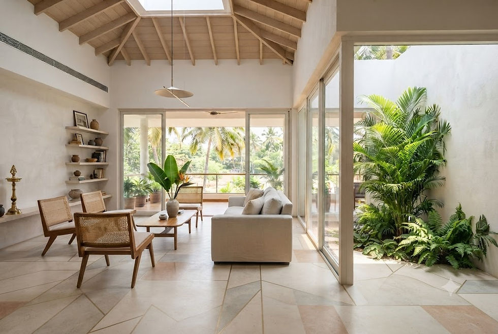 Modern biophilic living room design with indoor courtyard in Trivandrum by Infra I Nova