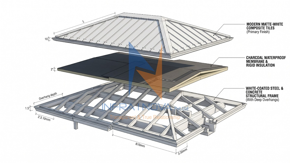 Exploded 3D technical illustration showcasing the multi-layered modern white composite roof tiles and waterproof insulation membranes.