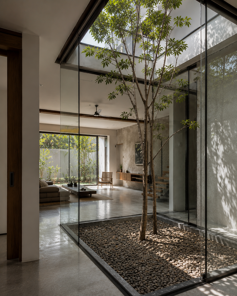 ontemporary Kerala nadumuttam courtyard design within a compact modern home, maximizing light and ventilation.