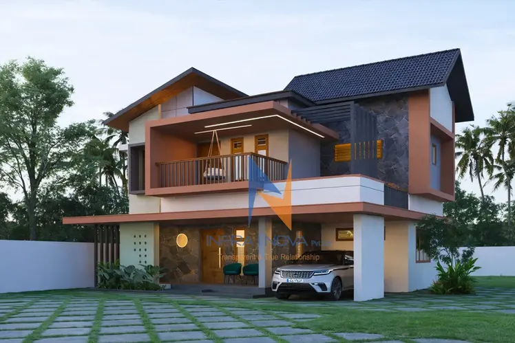 Front perspective of a tropical modern house with a cantilevered upper floor, wood panel detailing, and a car parked in the ground floor port.