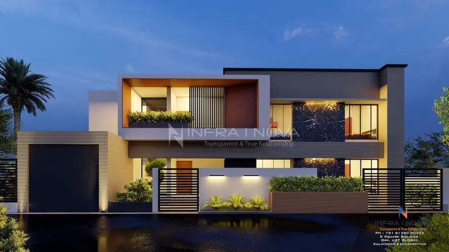 Dusk view of a luxury two-story flat-roof villa featuring warm exterior lighting, a prominent dark marble accent wall, and a manicured front hedge gate.