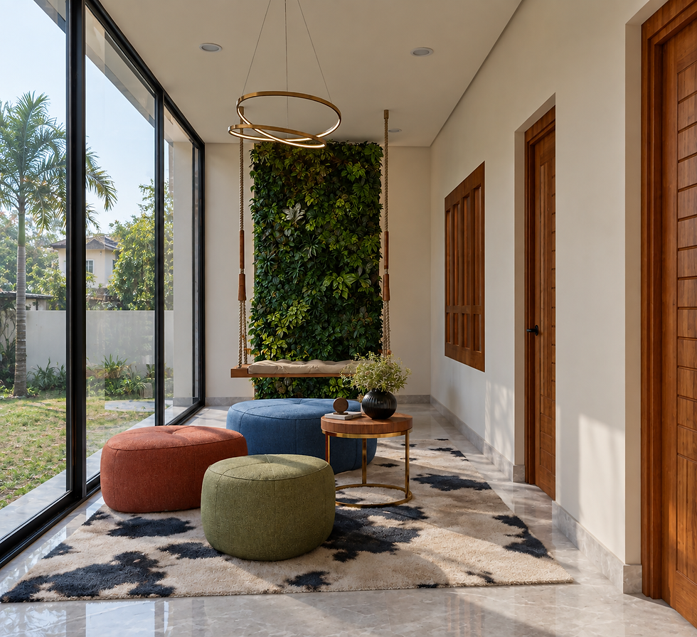Lounge Area – Modern home lounge interior featuring a hanging swing, upholstered poufs, a coffee tab