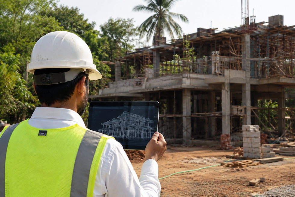 Professional structural engineer holding a tablet with a 3D BIM wireframe of a luxury villa on a residential construction site in Trivandrum. The background shows an ongoing high-end villa build featuring reinforced concrete pillars and structural steel framework, highlighting advanced engineering oversight and professional project management in Kerala.