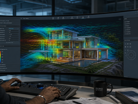 dvanced 3D Building Information Modeling (BIM) holographic wireframe visualization of a futuristic commercial development in Kerala, showcasing technical engineering oversight and digital construction planning.